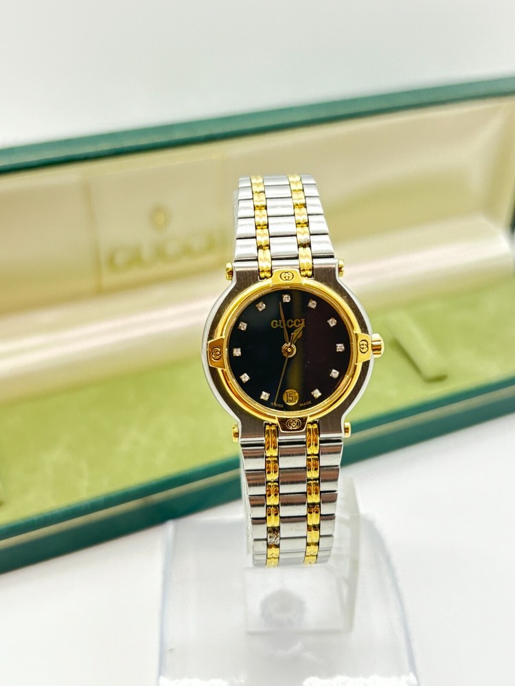 [ Exc+5 w/Box ] GUCCI 9000L Black Dial 11P Diamond Men's Watch Used Working