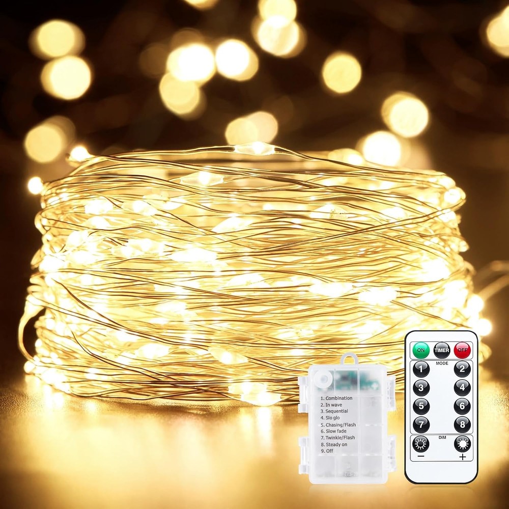 Minetom Fairy Lights Battery Operated with Remote, 33Ft 100LEDs, Warm White