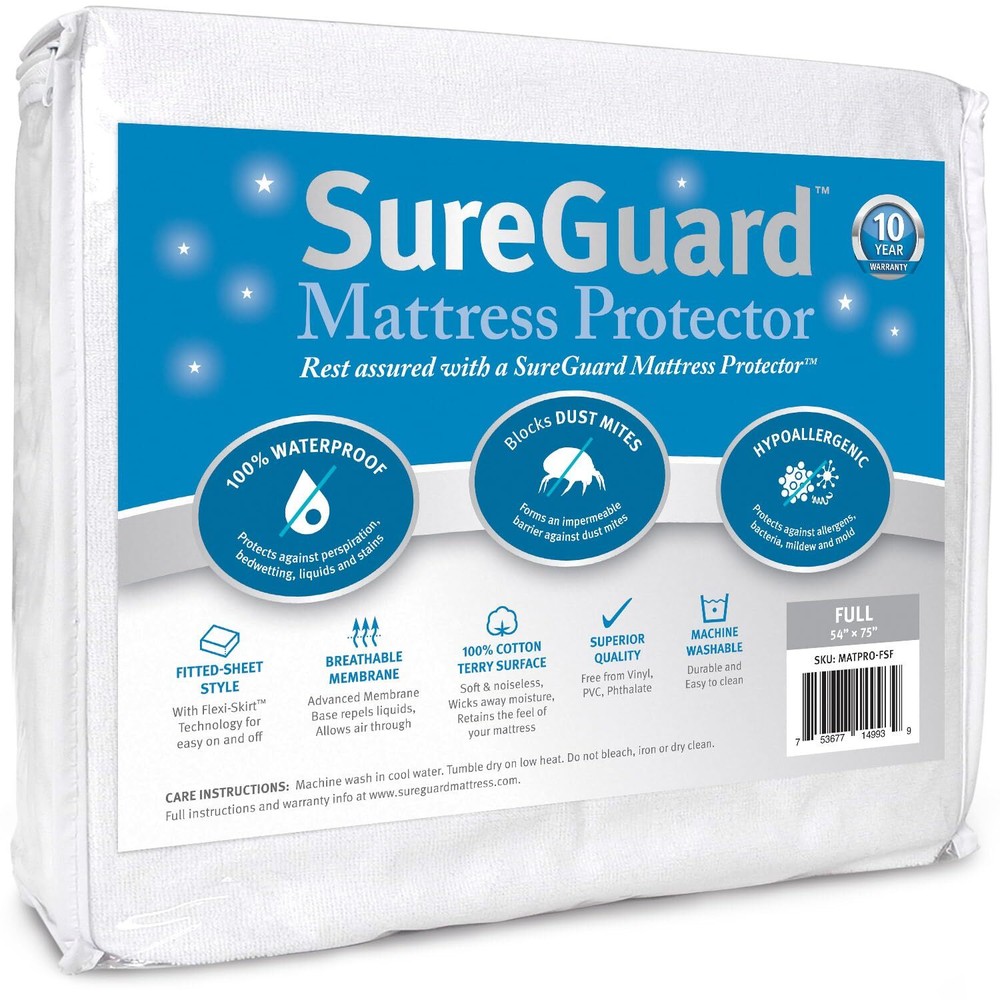 SureGuard Full Size Mattress Protector - 100% Waterproof, Hypoallergenic - Pr...