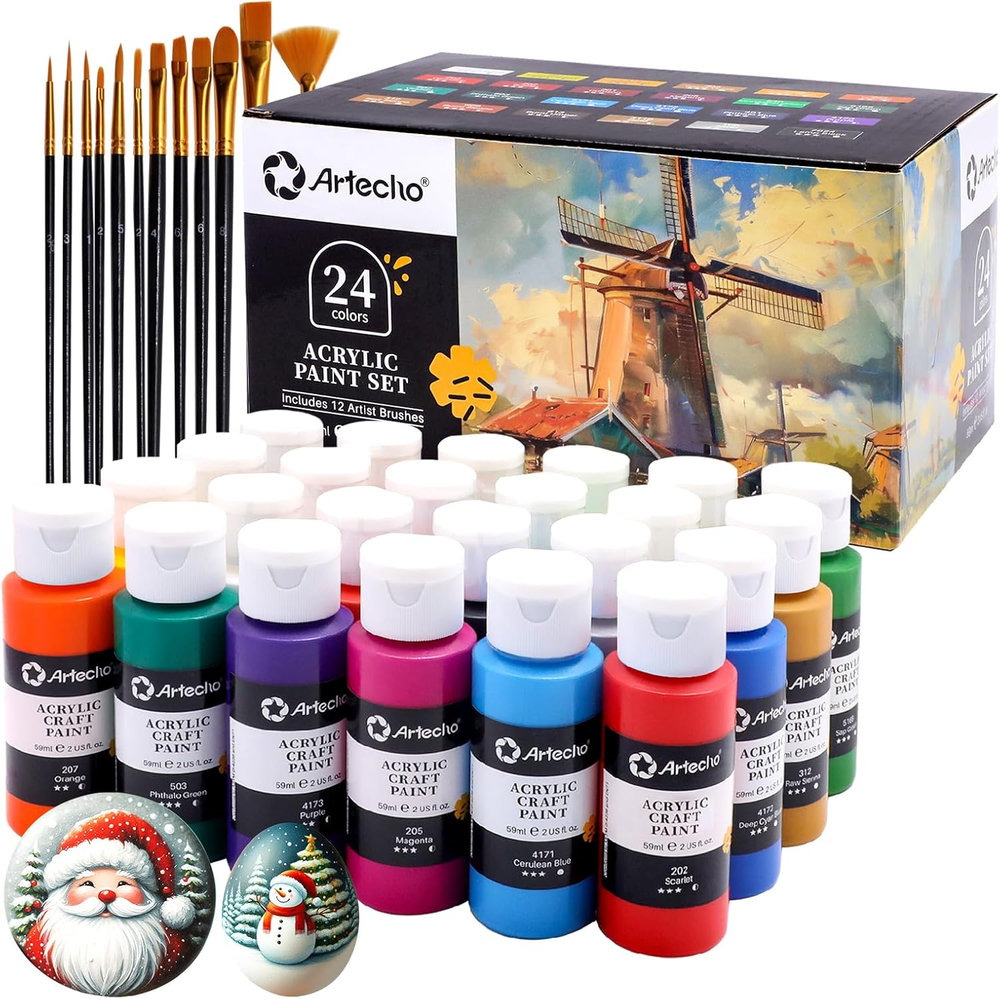 Acrylic Paint Set 24 Colors 2Oz/59Ml with 12 Brushes, Art Craft Paints Kit, Pain