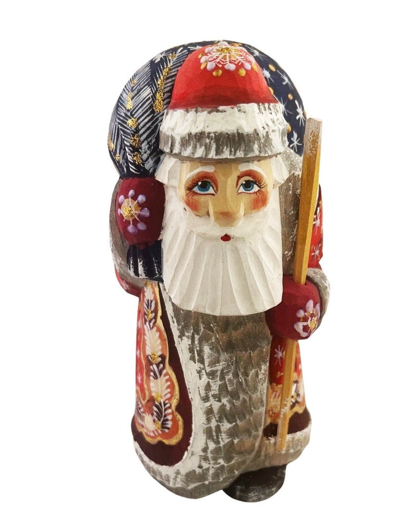Russian Wooden Hand Carved Painted Santa Figurine W Gift Bag And Holiday Gifts
