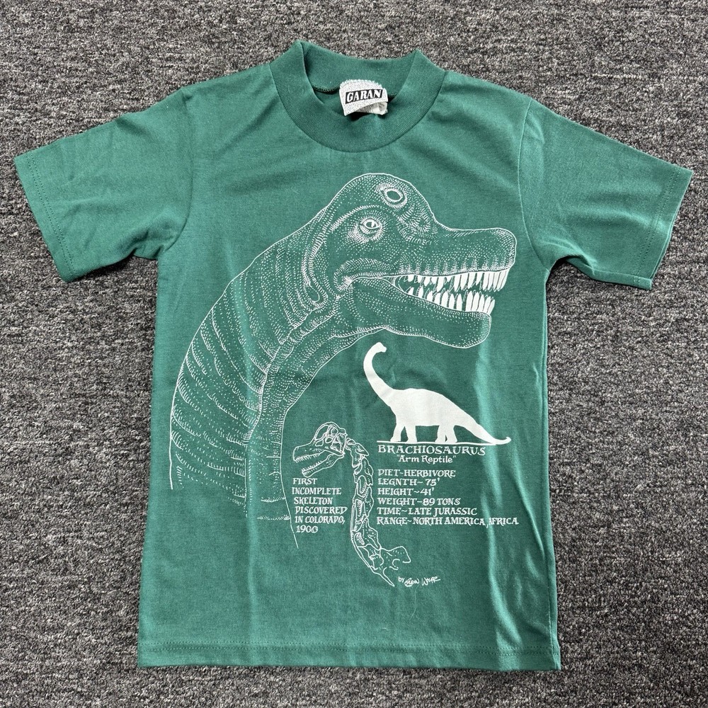 Vintage 90s Dinosaur Information Green Art T-Shirt Youth Boys - Size S (8)