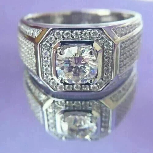 3Ct Round Moissanite Men's Wedding Ring 14k White Gold Plated