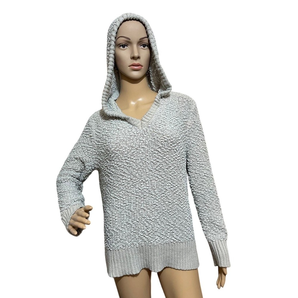 Cozy Green Tea Small Gray Popcorn Knit Hooded V-Neck Sweater – Stylish and Warm Fashion Essential for Everyday Comfort