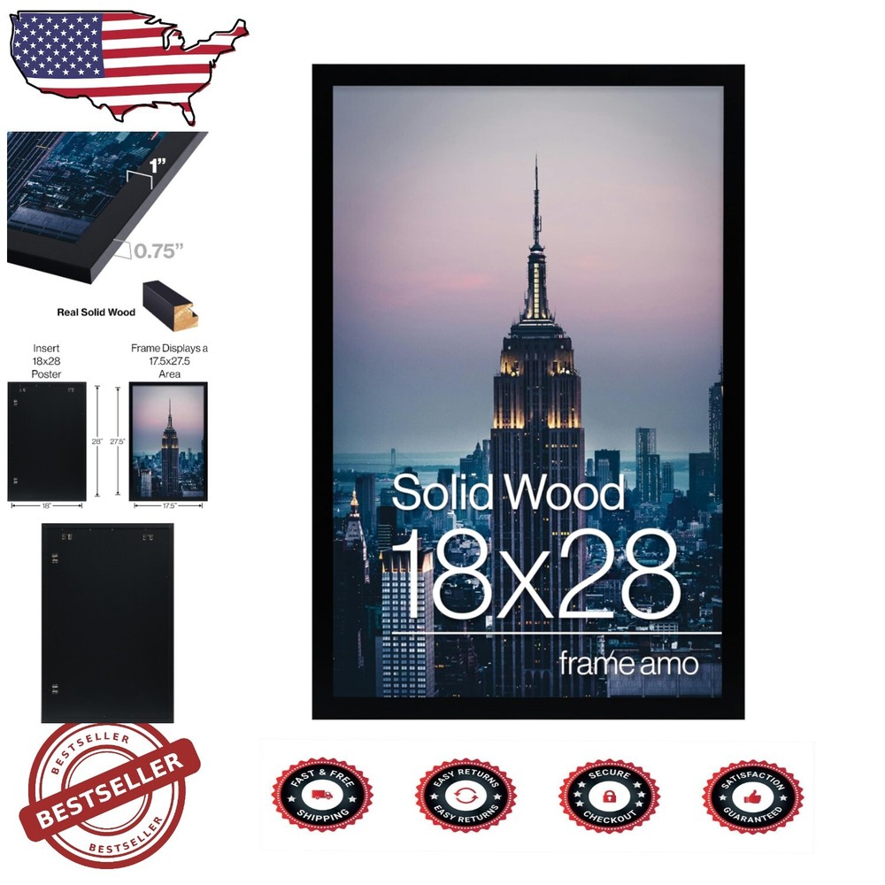 Elegant 18x28 Solid Wood Poster Frame in Smooth Black Matte Finish