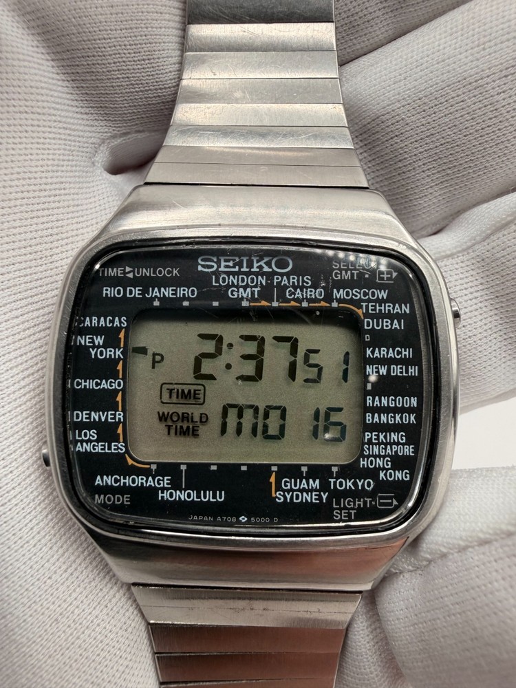 Vintage Seiko A708-5000 World Time Digital Watch, GMT World City Dial WORKING