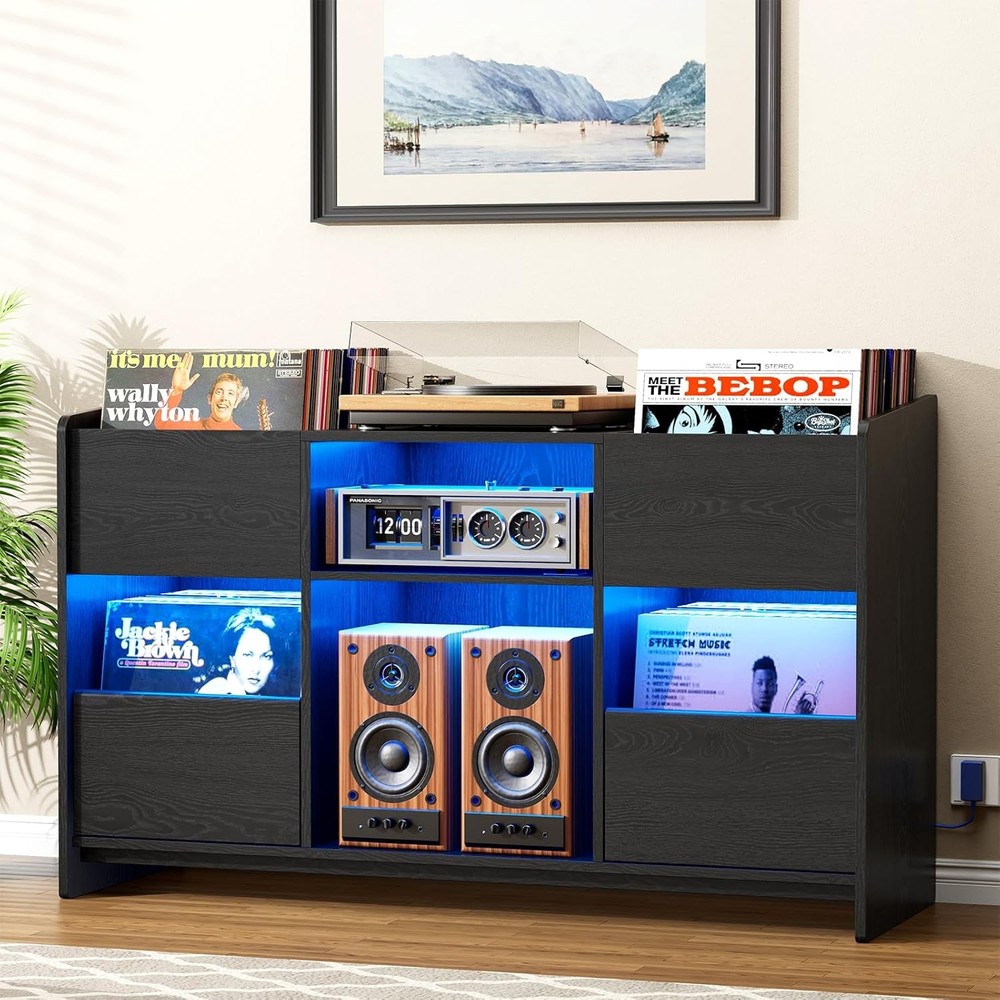 Vintage Record Player Stand with Vinyl Storage Cabinet for Turntable