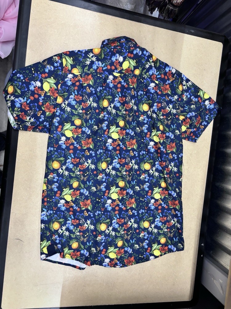 Whoa! Fried Denim NYC Men's Med Slim Fit Navy Floral Citrus Button Up Shirt