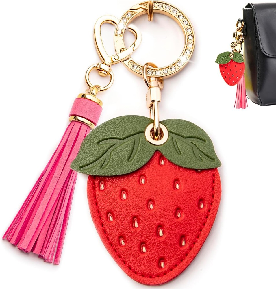 Cute Anime Strawberry Pink Leather Airtag Keychain with Bling