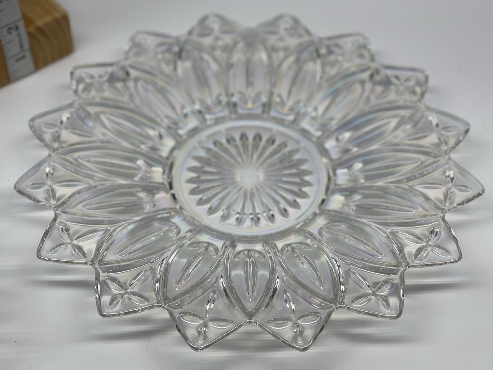 Vintage Federal Glass Iridescent Clear Petal Bowl And Plate Set. 10in.