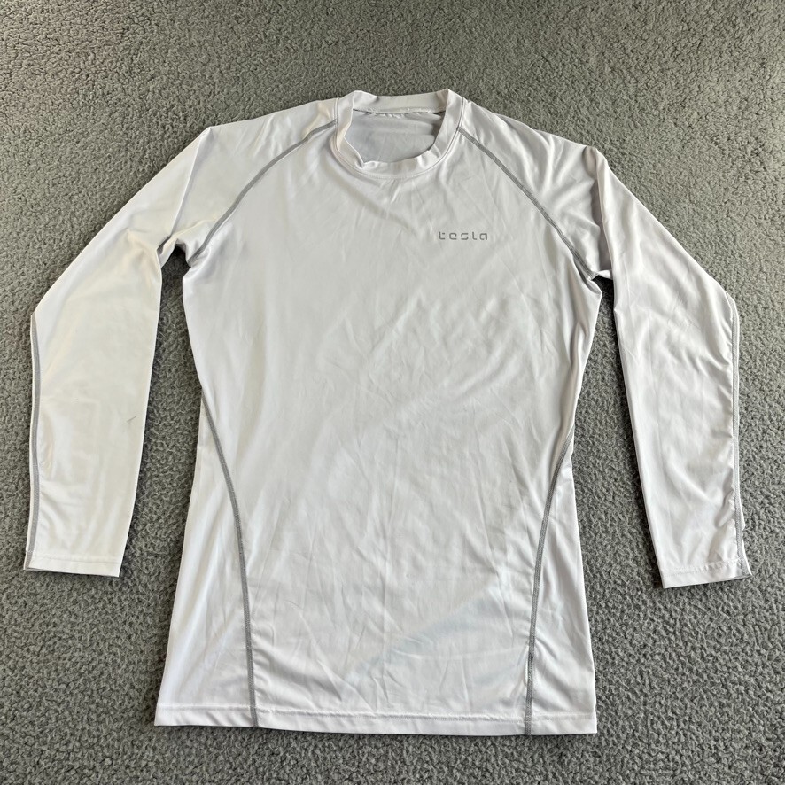 Tesla Shirt Mens 2XL XXL White Athletic Top Compression Stretch Long Sleeve Gym