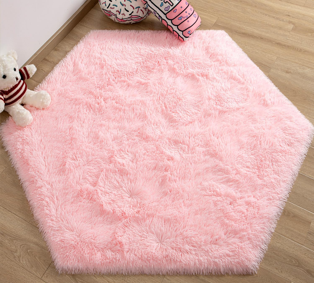 Pink Hexagon Fluffy Kids Rug for Princess Tent 4x4.6 Feet Nursery Playroom