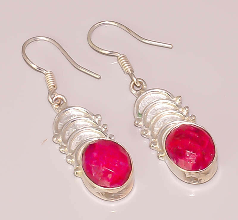 Red Ruby Faceted Handmade 925 Sterling Silver Plated Earrings