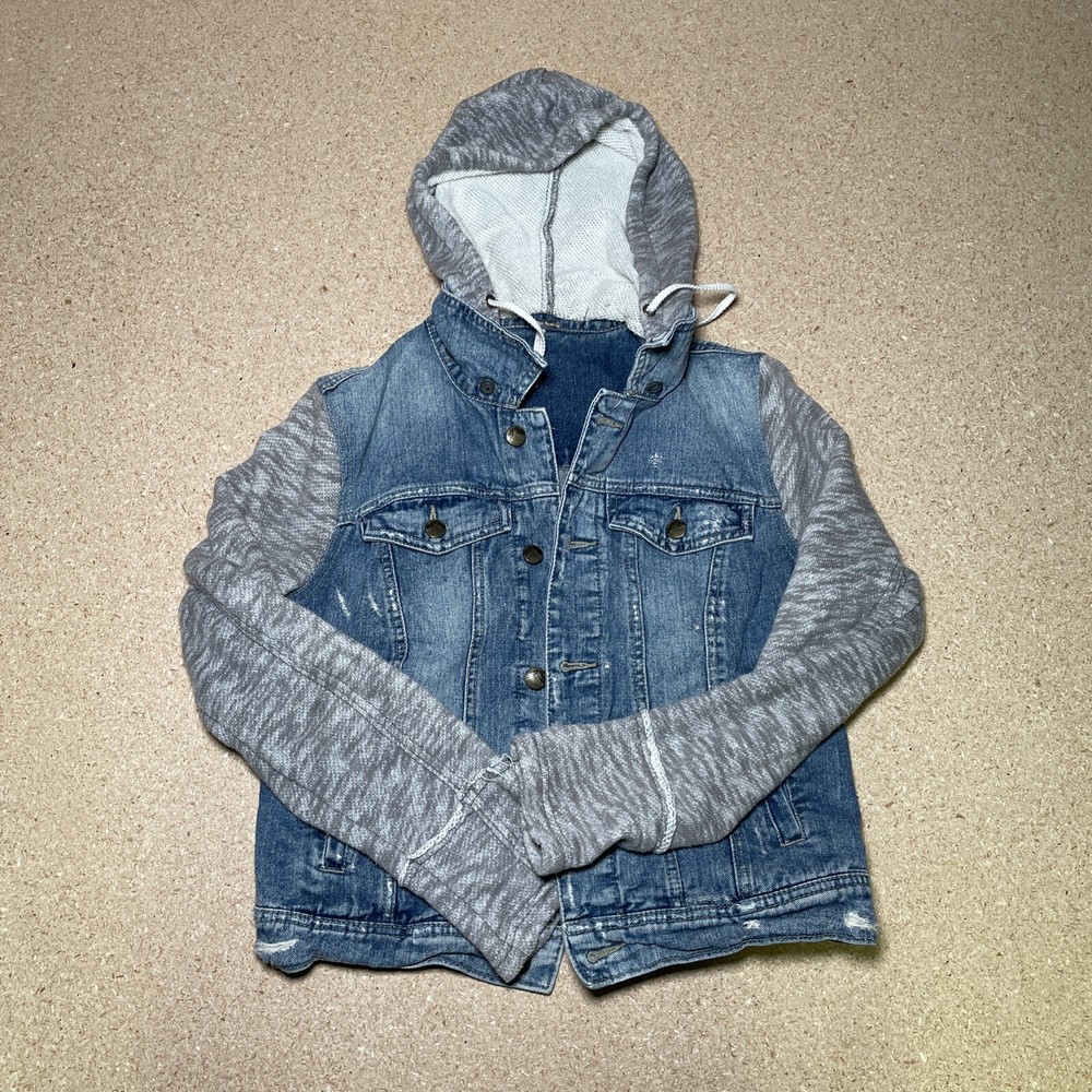 Free People Jacket Denim And Knit Hooded  Y2K  Distressed Indie size M A3