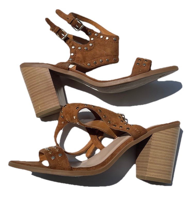 Gold Studded Double Strap Heel Shoes for Women - Size 11 by J Adams Brown