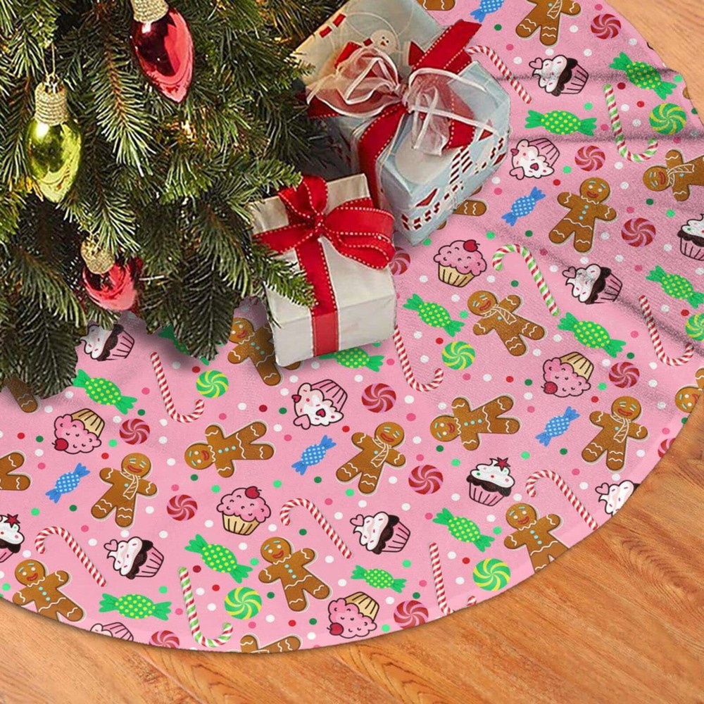 Cute Gingerbread Candy Christmas Tree Skirt 36 Inches Pink Santa Tree Skirts ...