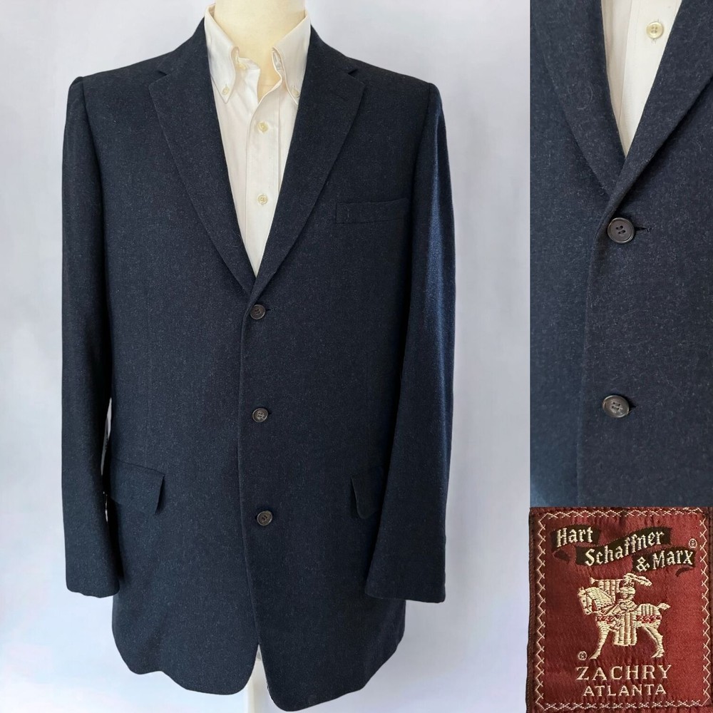 VTG Hart Schaffner Marx Tweed Blazer Men 42L Navy Wool Flannel Sport Coat Jacket