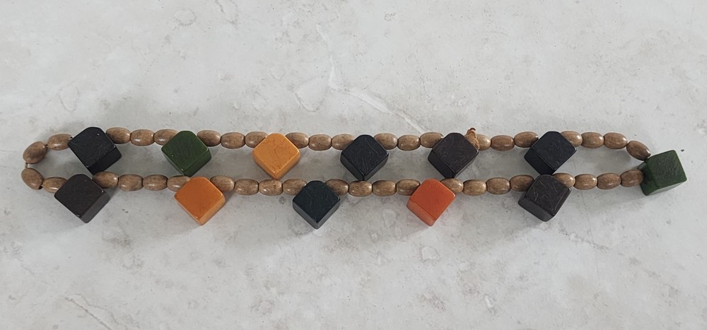 Vintage Orange Green & Brown Bakelite Cube Bead Necklace Butterscotch