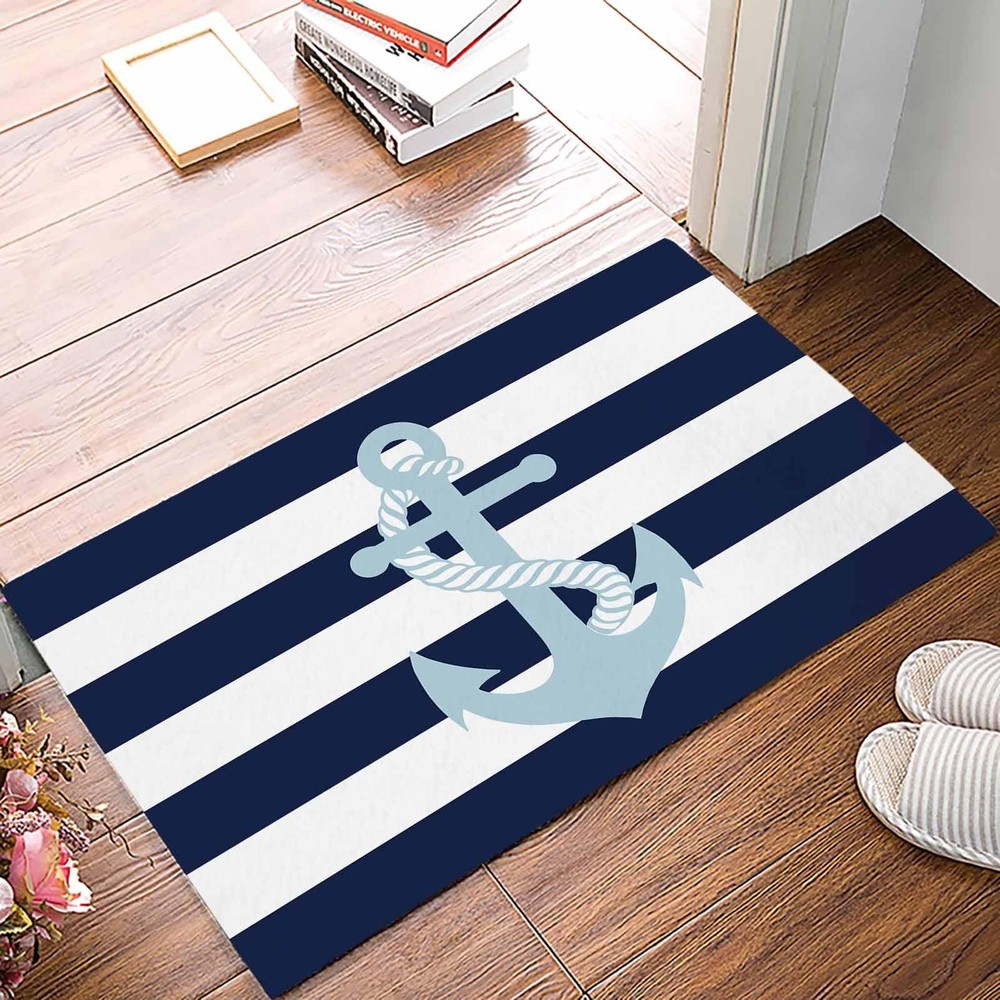 Personalized Blue Striped Anchor Doormat with Geometric Design for Entrance Floor