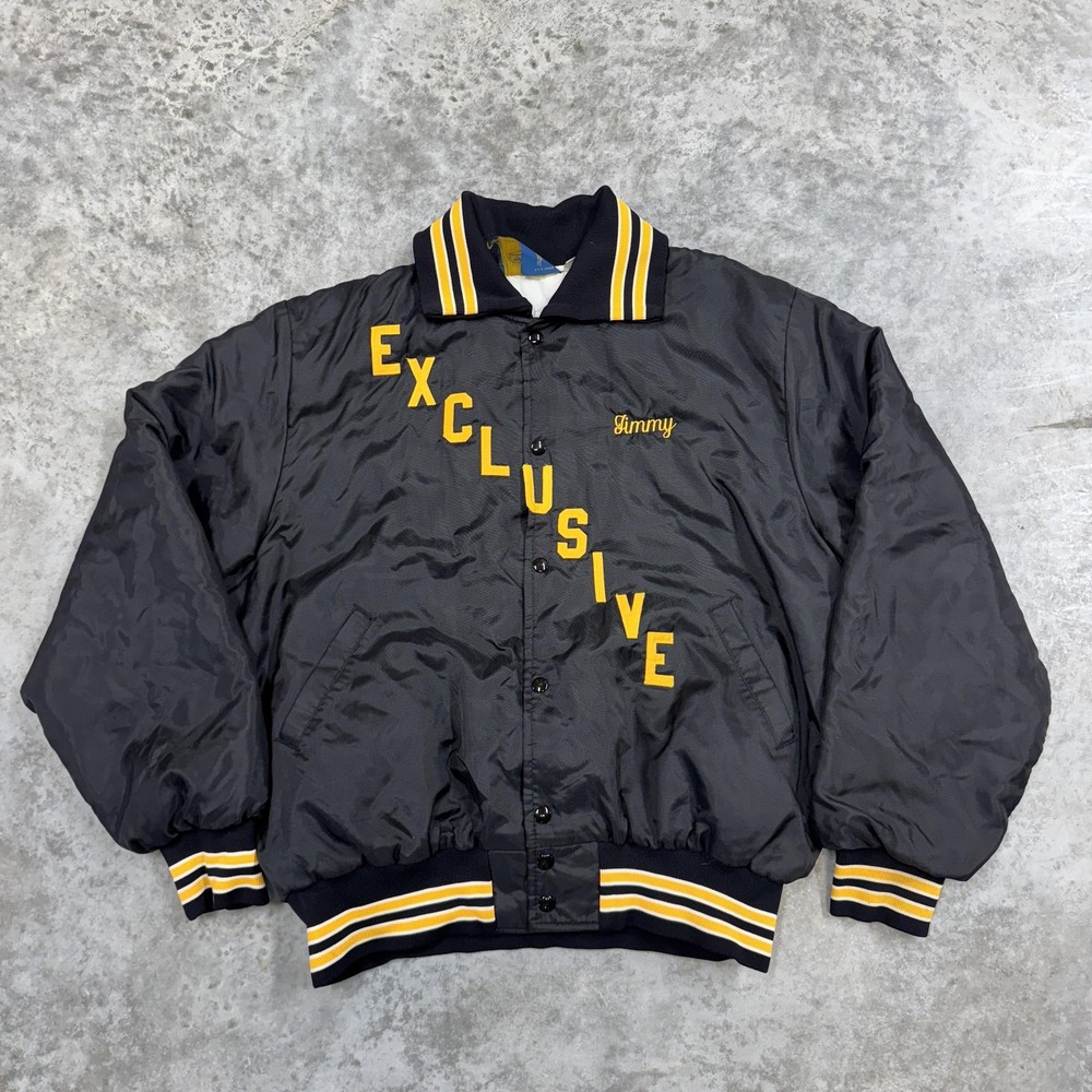 VINTAGE Gem Sportswear Jacket Mens XL Black Varsity Letterman Snap Front USA 90s