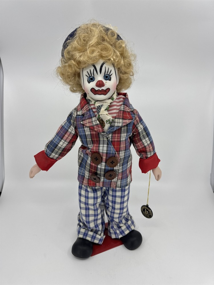 Vintage Brinn's Porcelain Clown Doll /w Red Stand 1990 Taiwan Curly Hair Clown