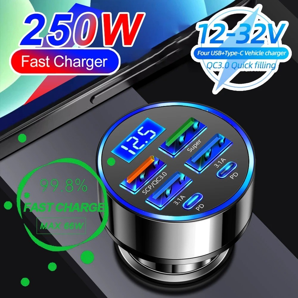 6-Port 250W USB C Car Charger PD+QC 3.0 Fast Charger 12-24V Voltage Display