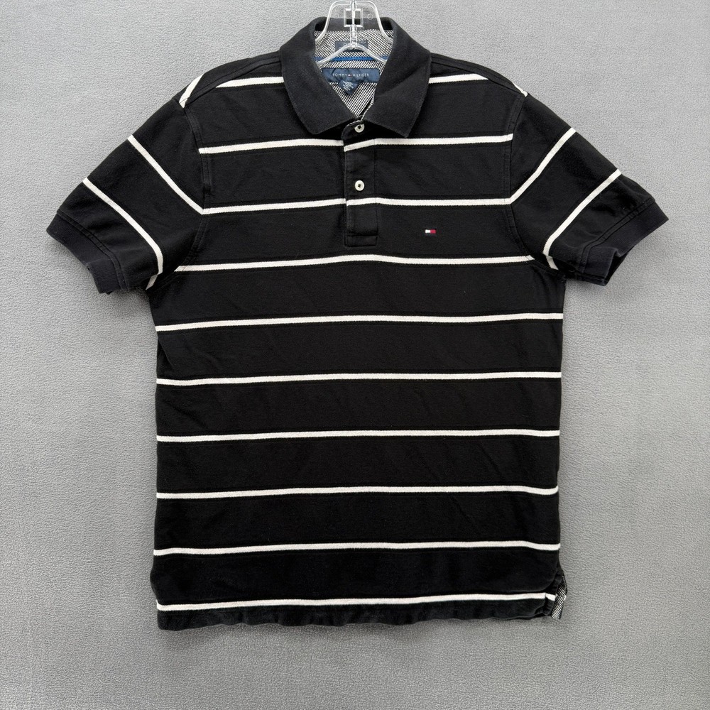 Tommy Hilfiger Mens M Custom Fit Striped Polo Shirt Black White Short Sleeve