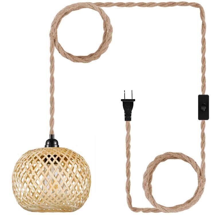 Vintage Plug in Pendant Light Wicker Rattan Hanging Lights with 15ft Hemp Rop...