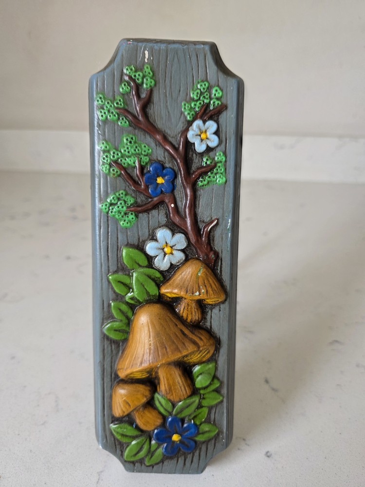Vintage 1970s Mushrooms & Flowers Wall Hanging Plaque Plaster Chalkware