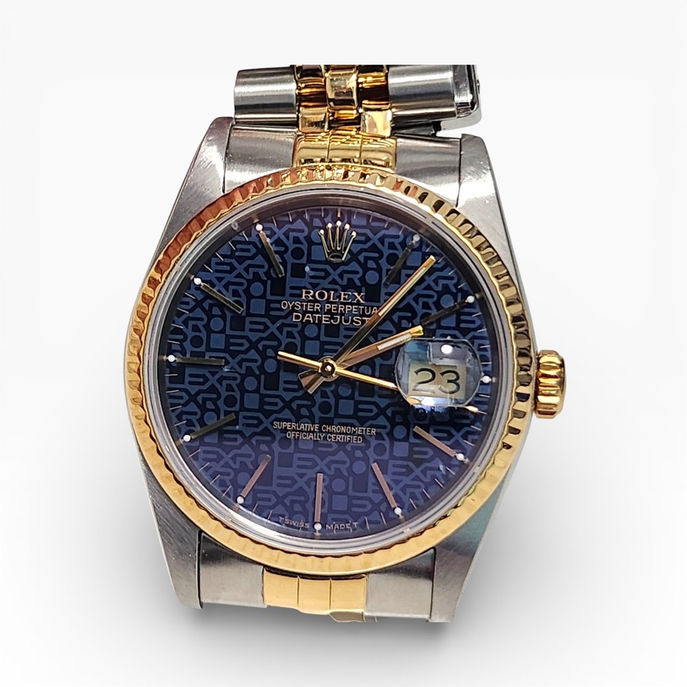Rolex Datejust 36 mm Blue Jubilee Dial Steel 18K Yellow Gold Watch 16233 1988
