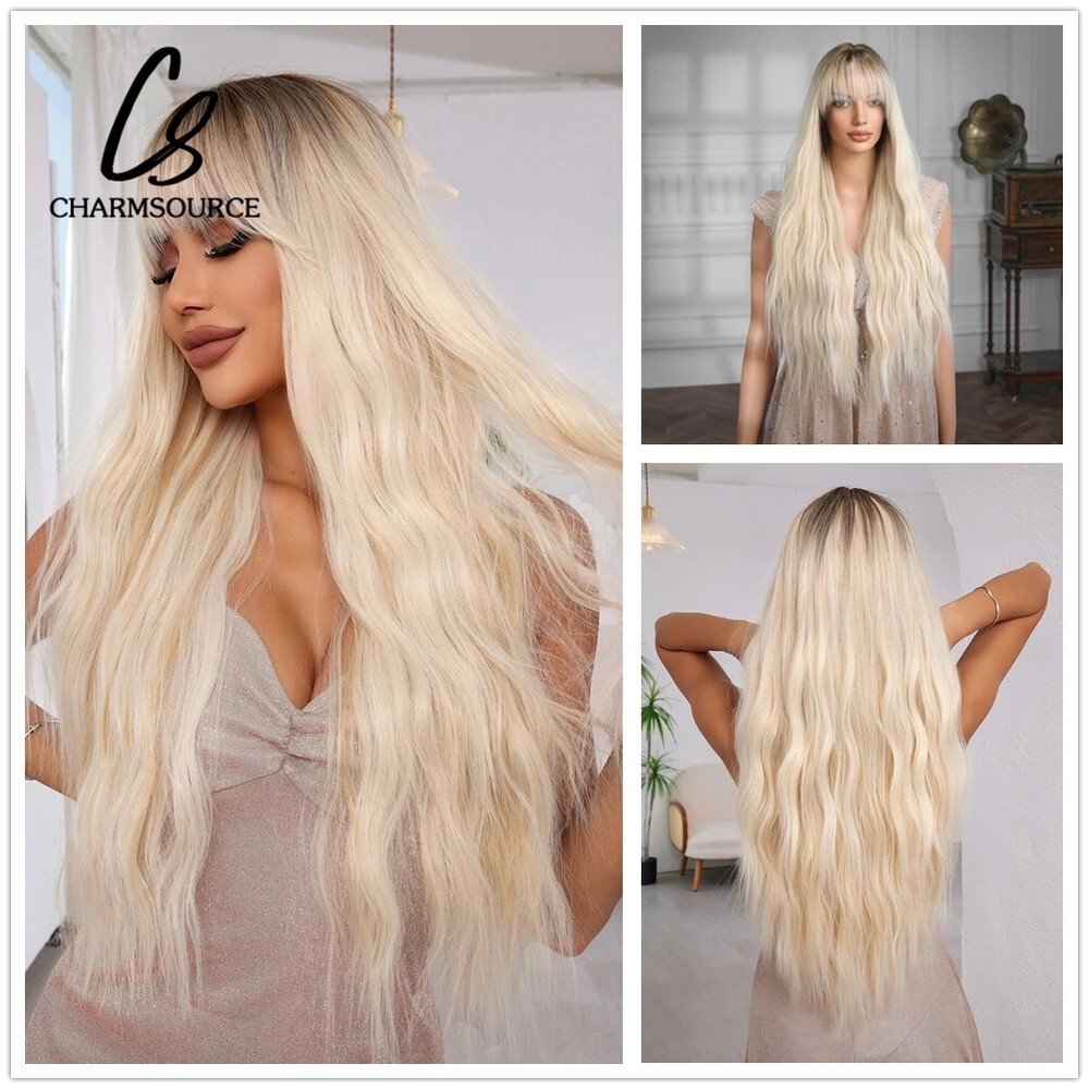 Platinum Ombre Blonde Wavy Synthetic Hair Wig with Bangs Dark Root Daily Party