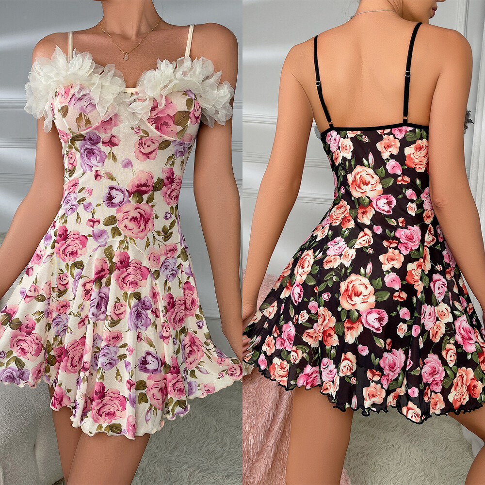 Sexy Floral Babydoll Nightdress with Ruffle Trim Sleepwear for Women