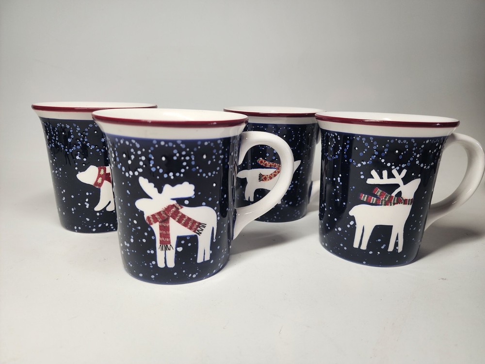 Debbie Mumm Snow Flurries Set of 4 Mugs 4in Tall