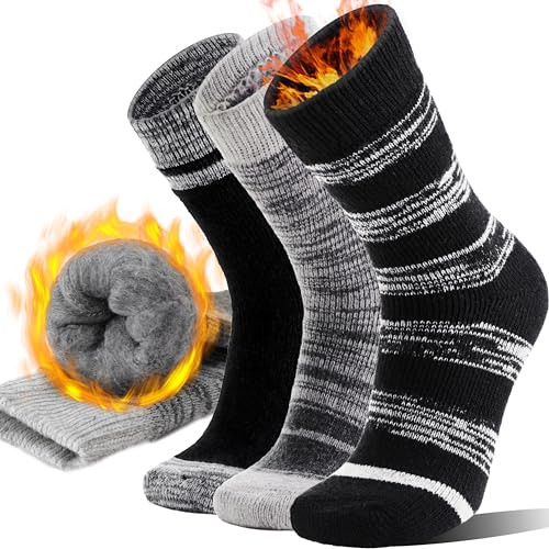 Thermal Winter Warm Socks 3 Pairs for Men Women, Thick Medium in Black and Grey