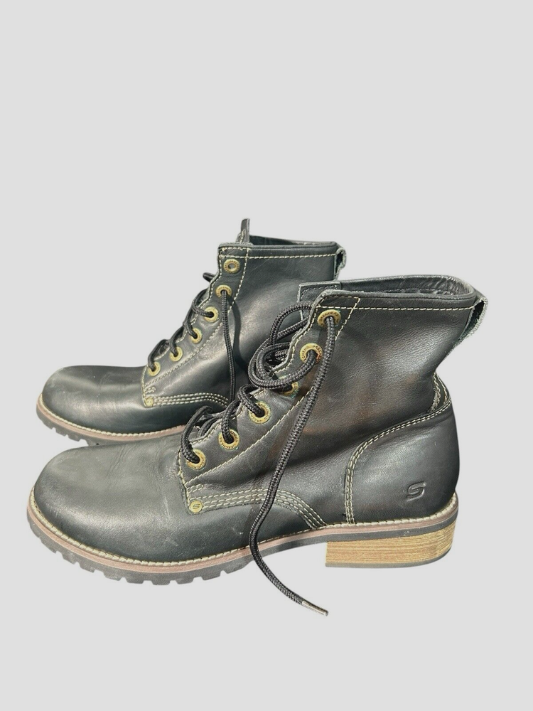 Vtg Skechers Leather Ankle Boots Womens Size US 10 Black Heeled Lace Up 90's Y2K