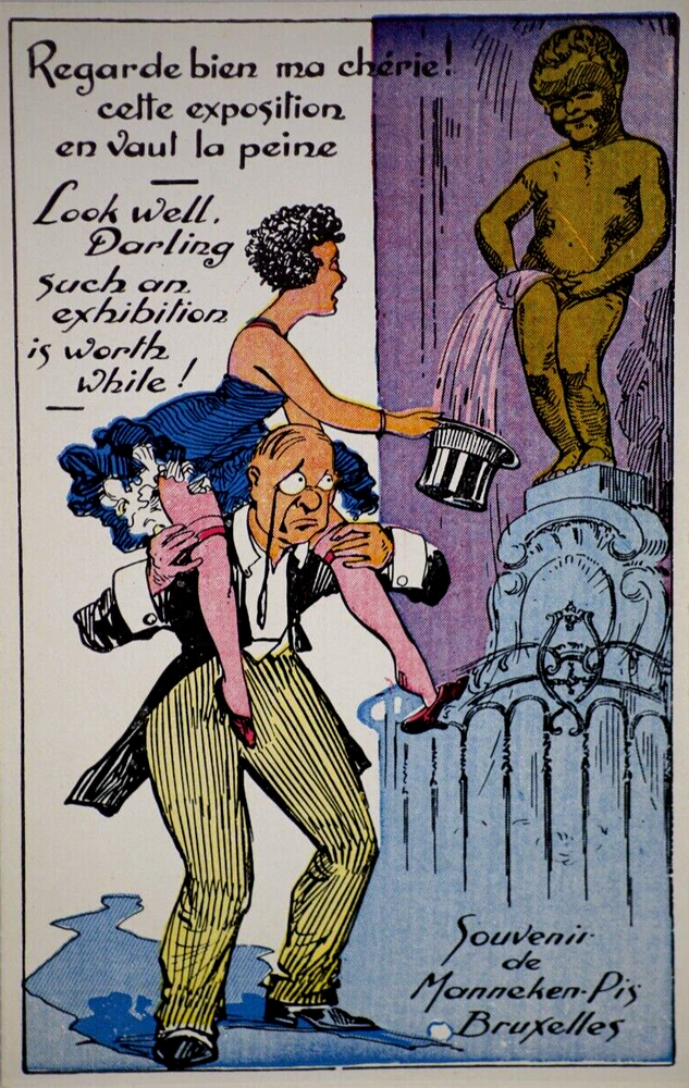 Postcard Belgium Comic Art Manneken-Pis Brussels Drunk Party Girl Pissing Statue