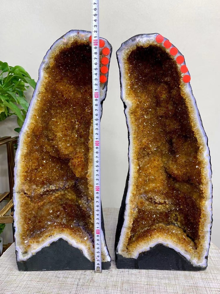 74LB Natural Citrine Quartz Geode Crystal Cluster Mineral Specimen Pair