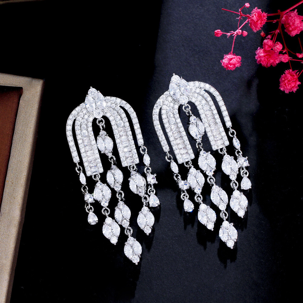 Silver Plated Cubic Zircon Tassel Dangle Long Drop Chandelier Earrings for Women