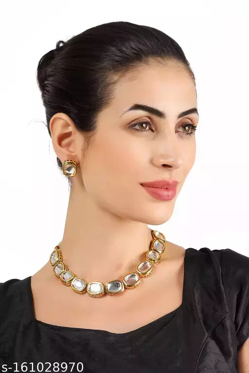 Elegant Indian Bollywood Kundan Polki Gold Plated Bridal Choker Necklace Set