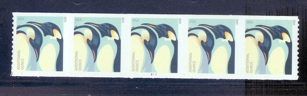 US 4990 Penguins Stamp Coil Plate S1111 Strip of 5 Mint Never Hinged