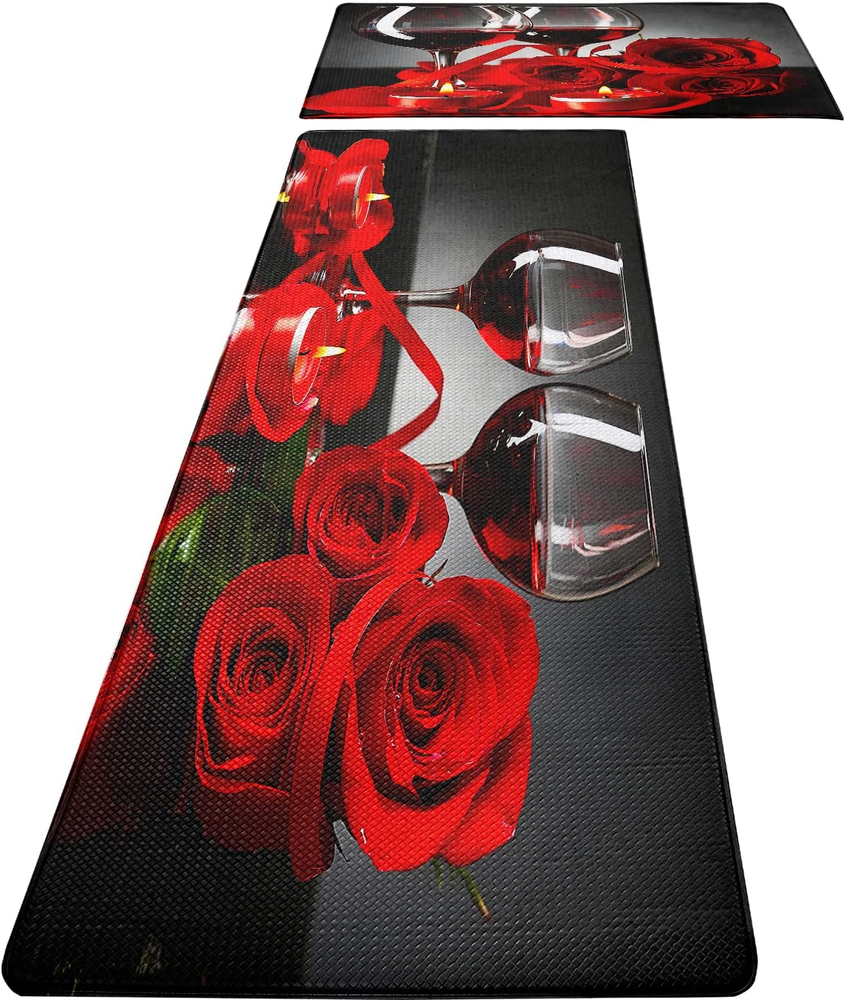 Red Wine Kitchen Rugs and Mats Set of 2 Modern Rose anti Fatigue Kitchen Floor M