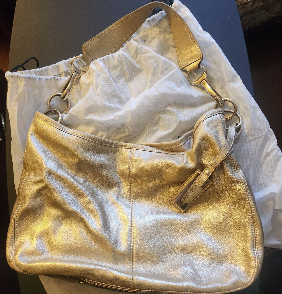 Calvin Klein Gold Bucket Leather Hobo Shoulder Bag High End Designer Handbag GC