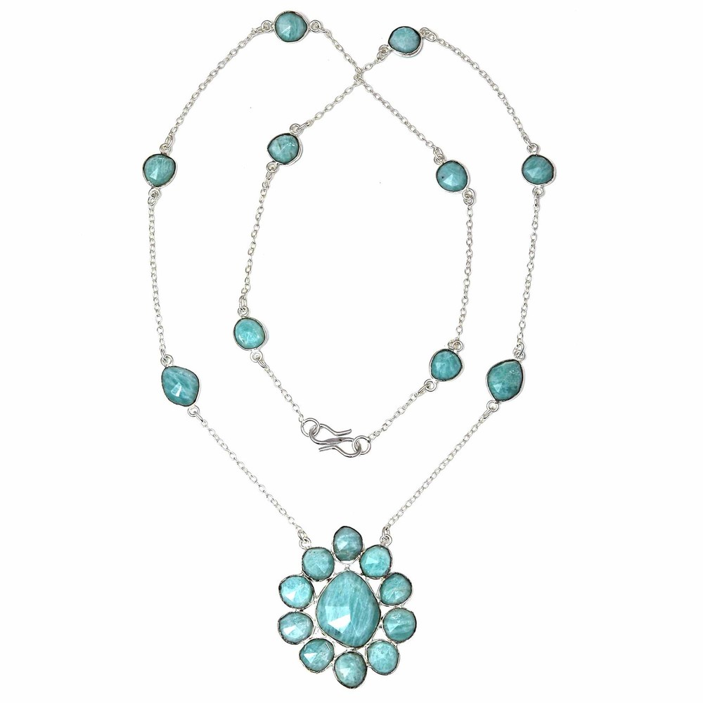 Necklace Amazonite Feceted Gemstone Handmade Antique Jewelry 26''