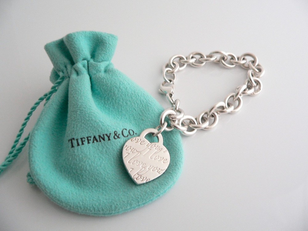 Tiffany & Co Sterling Silver I Love You Heart Charm Bracelet with Gift Pouch