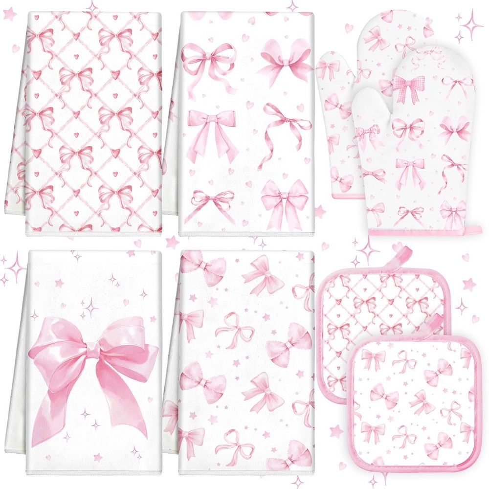 Teenyyou 8 Pcs Pink Bows Kitchen Towels Pot Holders and Oven Mitt Set Coquett...