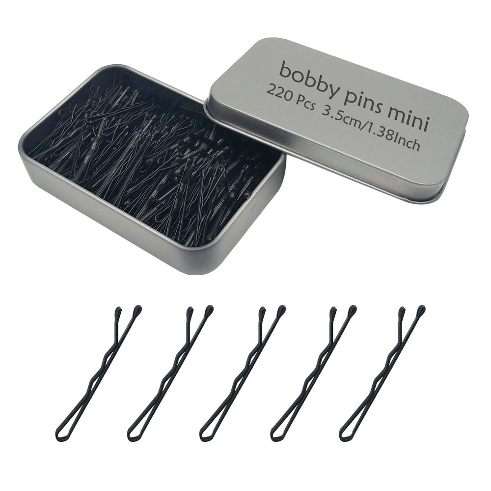 220 Mini Wavy 1.38-Inch Black Bobby Pins with Storage Box for Hair Styling