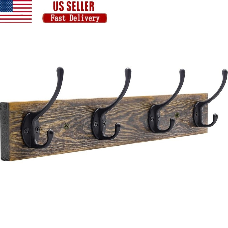 Wall Mounted Coat Rack Rustic Wood Metal Hooks Space Saving Hook Storage New