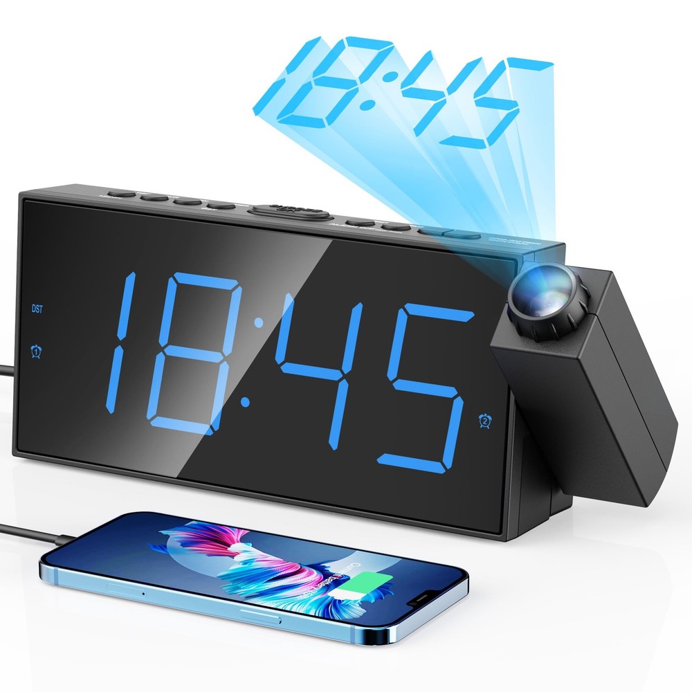 Digital Projection Alarm Clock with Large LED Display and 180° Rotation for Bedrooms