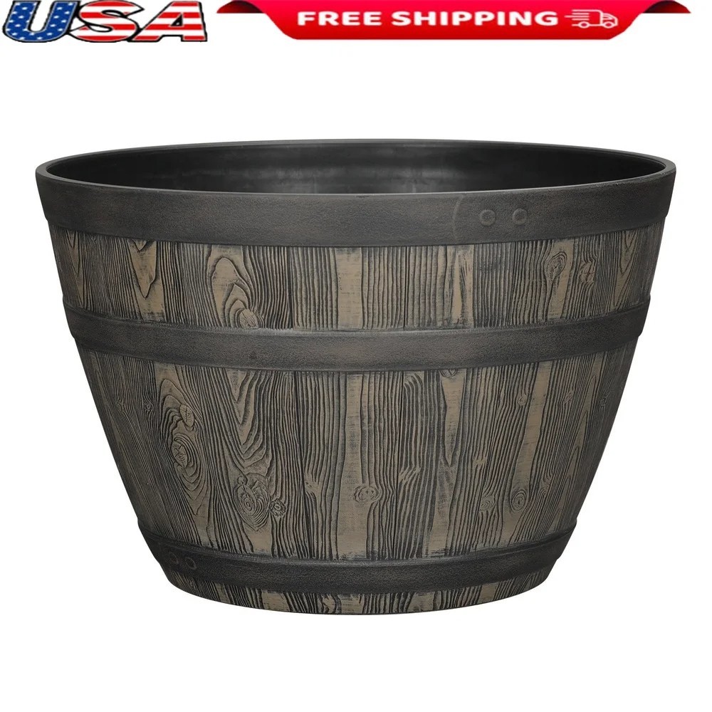 Brown UV-Resistant Whiskey Barrel Planter with Drainage Holes