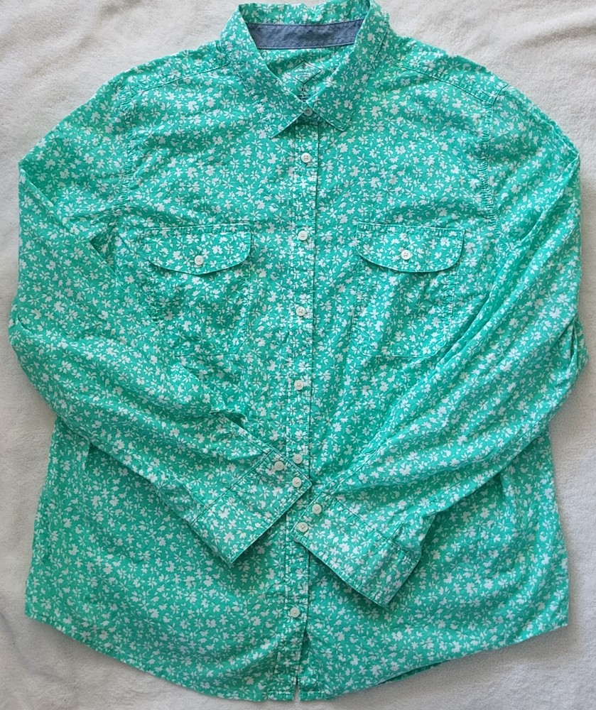 St. John's Bay Women's Green Floral Button Down Blouse Size XL Rolled Sleeve